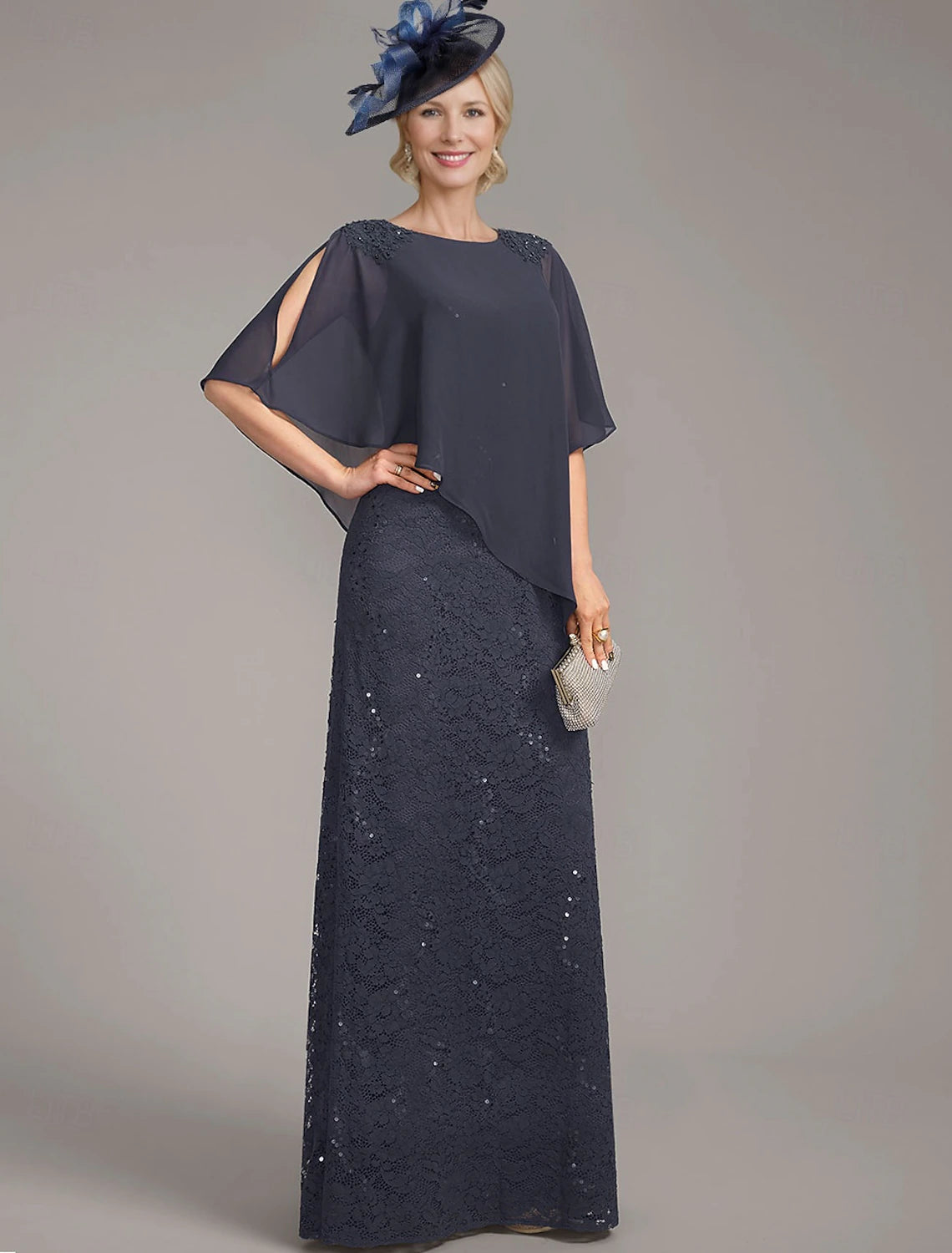 Buyishang A-Line Dress Mother of the Bride Dress Elegant Jewel Neck Floor Length Chiffon Half Sleeve with Lace Solid Color